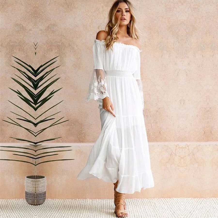 TEELYNN boho dress white sexy off the shoulder beach sundress Flare long sleeve splice lace women dresses summer vestidos - Seprincess