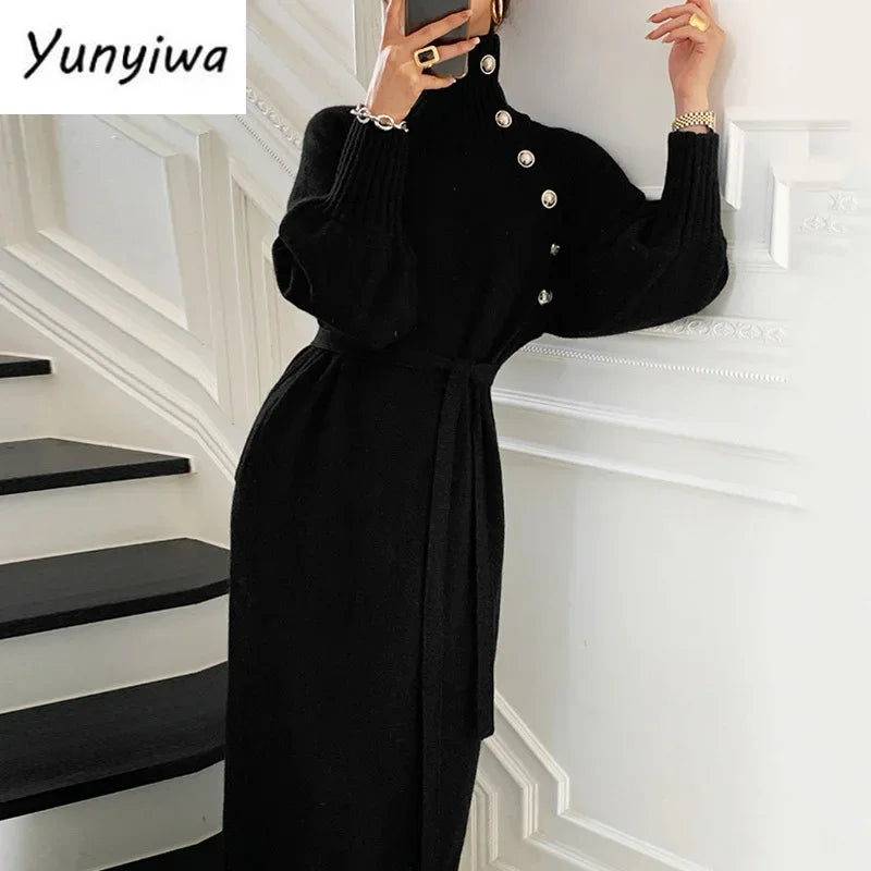 Winter Turtleneck Buttons Women Knitted Dress Elegant Full Sleeve Lace-up Female Thicken Long Dress for Sweater Autumn New - Seprincess