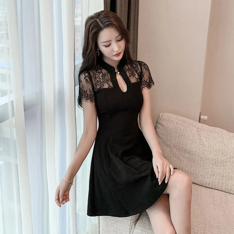 Women's Summer Lace Dress Tulle Cheongsam Dresses for Women 2023 Black Party Prom New Silk Transparent Korean Fashion Vintage - Seprincess