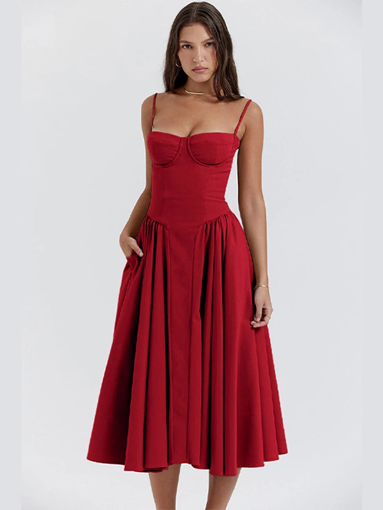 Sexy Solid Pleated Hem Sling Dress Women Fashion Midi Sleeveless Backless Dresses Female 2024 Summer Party Evening A-line Robes - Seprincess