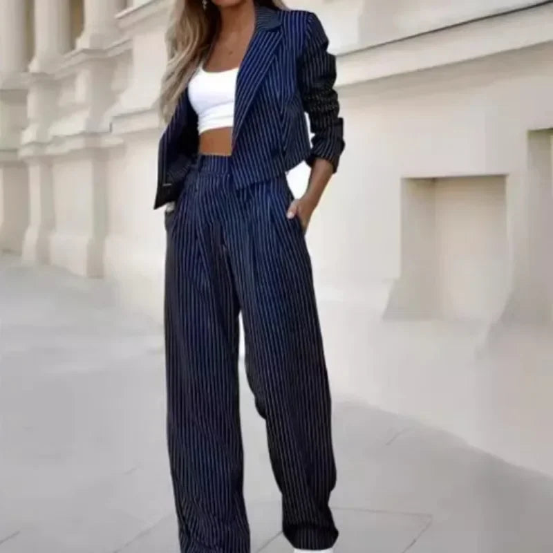 Mandylandy Casual Striped Suits Women Outfits Summer Short Style Lapel Suit Trousers Stripe Blazer Coats Straight-Leg Pants Suit - Seprincess