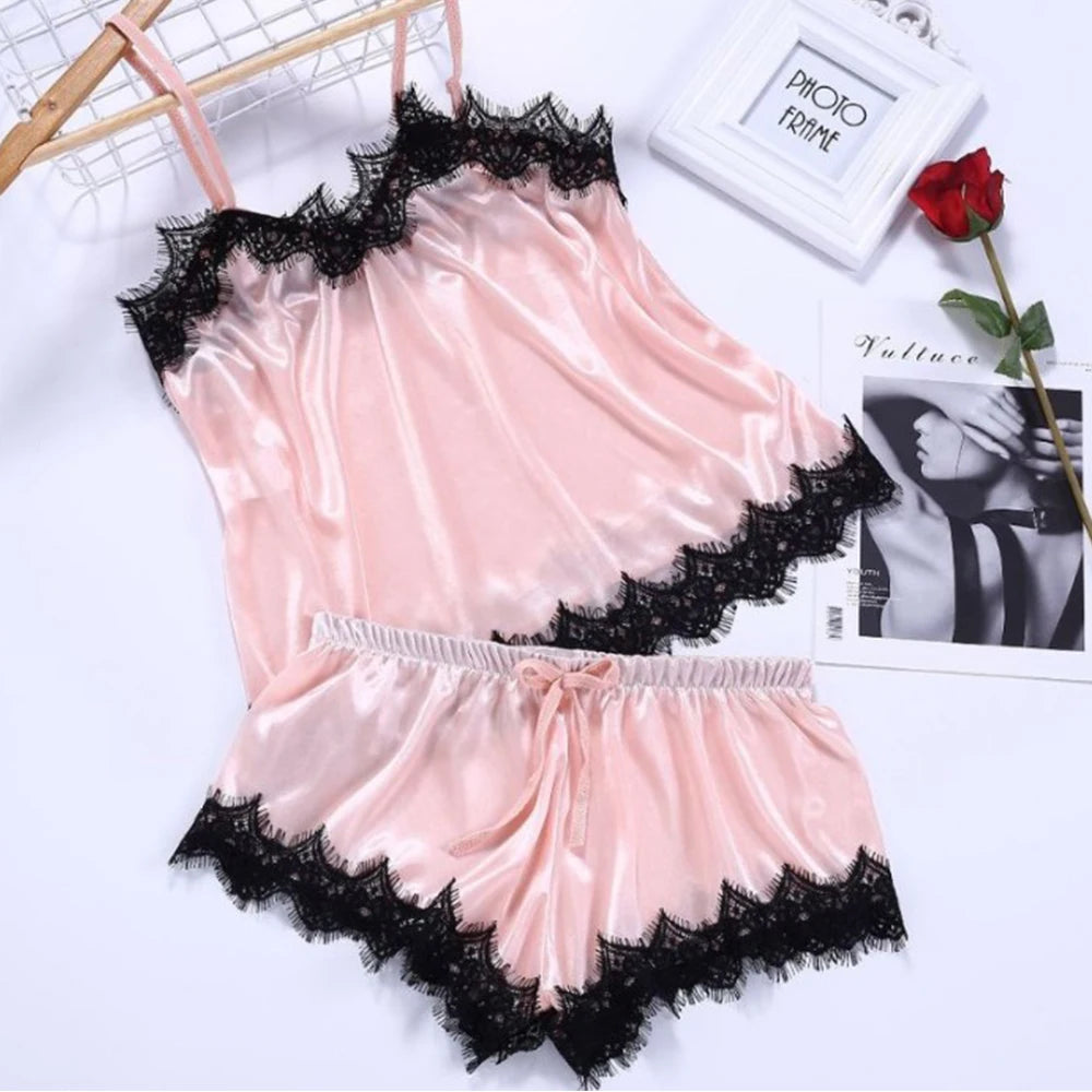 New Women's Pajamas Silk Sexy Pajama Set Black Lace V-Neck Pajama Suspender Top and Shorts Lace Pajama Set Home Underwear Dress - Seprincess