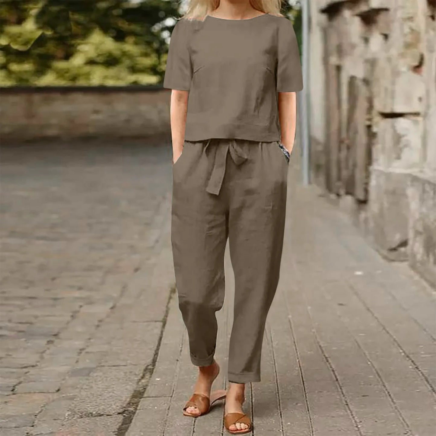 Women's Pullover Shirt And Pants Two-piece Set 2024 Women's Cotton And Linen Summer Suit Short Sleeved O-neck Outfit Pants - Seprincess