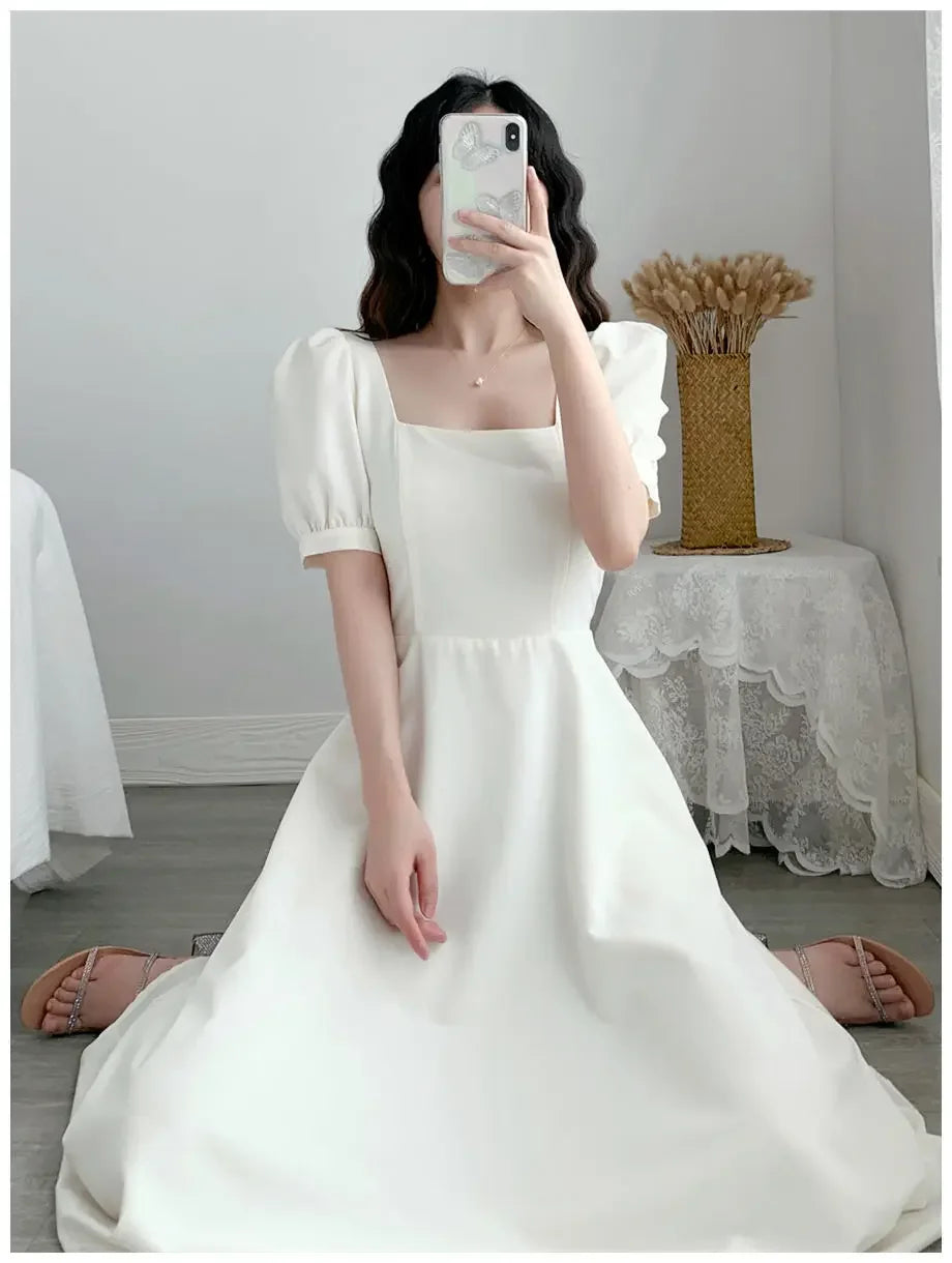 Slim Fit Women White Dress Bubble Sleeve Square Neck Light Wind Style Long Skirt Summer Casual Korean Style - Seprincess