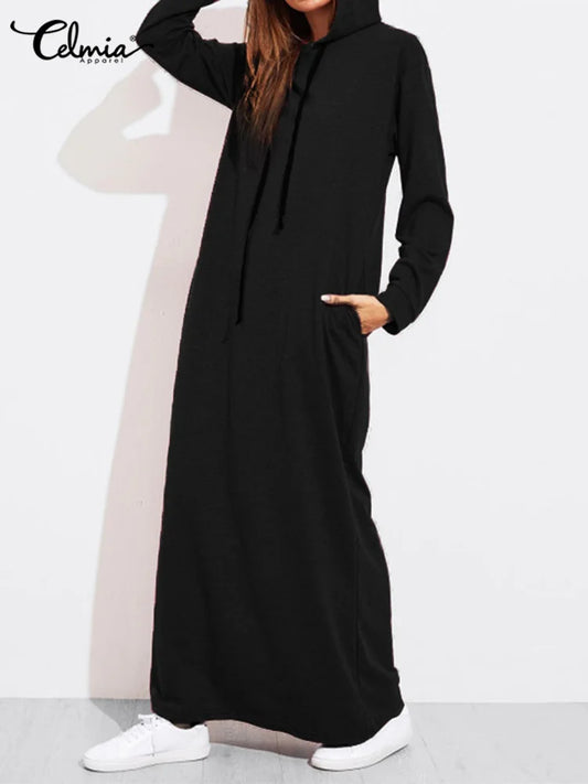 Celmia 2024 Autumn Women Hooded Maxi Dress Casual Solid Long Sleeve Pockets Party Hoodies Dress Long Vestido Robe Drawstring - Seprincess