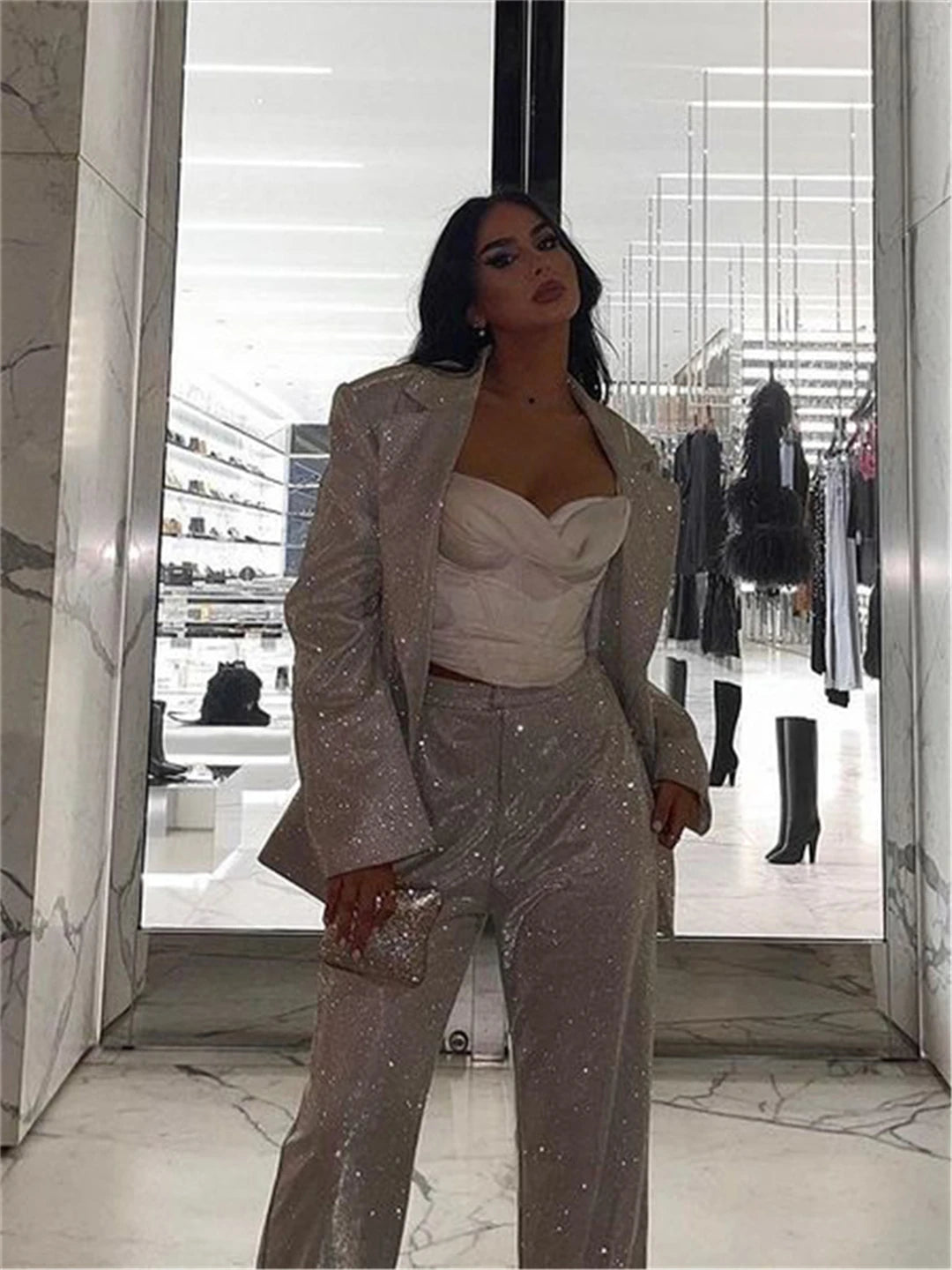 Tossy Glitter Silver Party Two Piece Pants Set Women Club Night Outfits Fashion Sparkly Blazer Matching Sets Femme Tracksuit