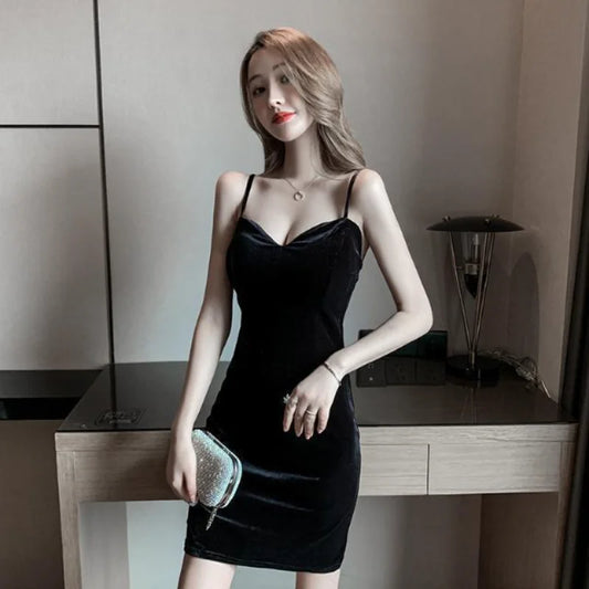 Women Black Velvet Spaghetti Strap Dress Summer V Neck Slim Sleeveless Off Shoulder Fashion Elegant Party Dresses Vestidos - Seprincess