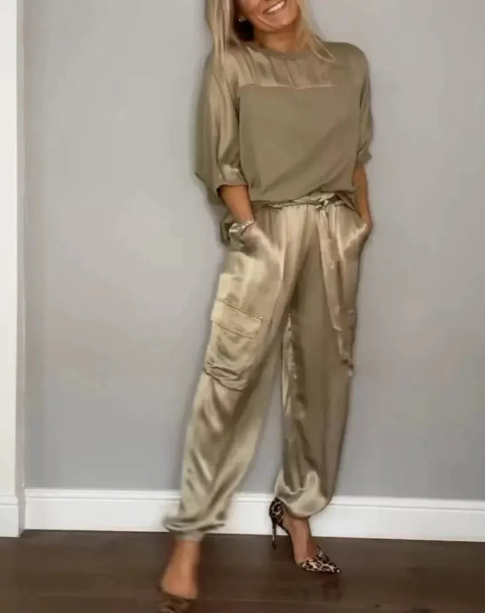 Fashion Solid Smooth Satin Two Piece Sets 2024 Spring Summer Women's O-neck Half Sleeved Top & Long Pants Casual Loose Outfits - Seprincess