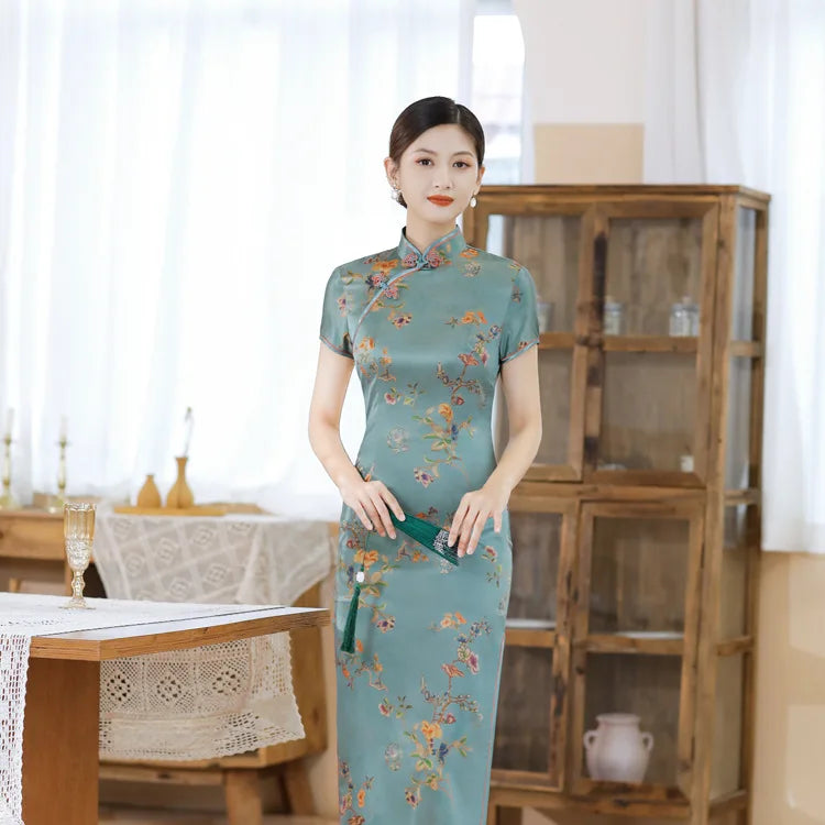 Chinese Style Cheongsams Woman Traditional Dress Floral Print Qipao Satin Vestido Para Mujer Slitting Hem Bodycon Large Size 5Xl