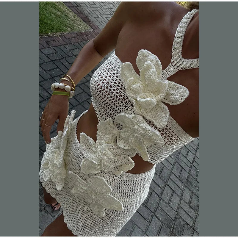 Beach Flower Hollow Out Dress Women White Halter Sleeveless Backless Long Dresses Female 2024 Summer Fashion Lady Vestidos - Seprincess