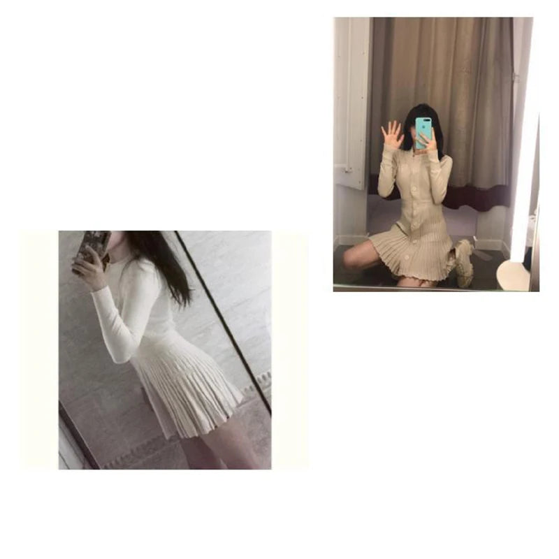 MEXZT Knitted Pleated Mini Dress Women Vintage Black Sweater Dresses Winter Korean Elegant Long Sleeve Pink Bodycon Vestidos New - Seprincess