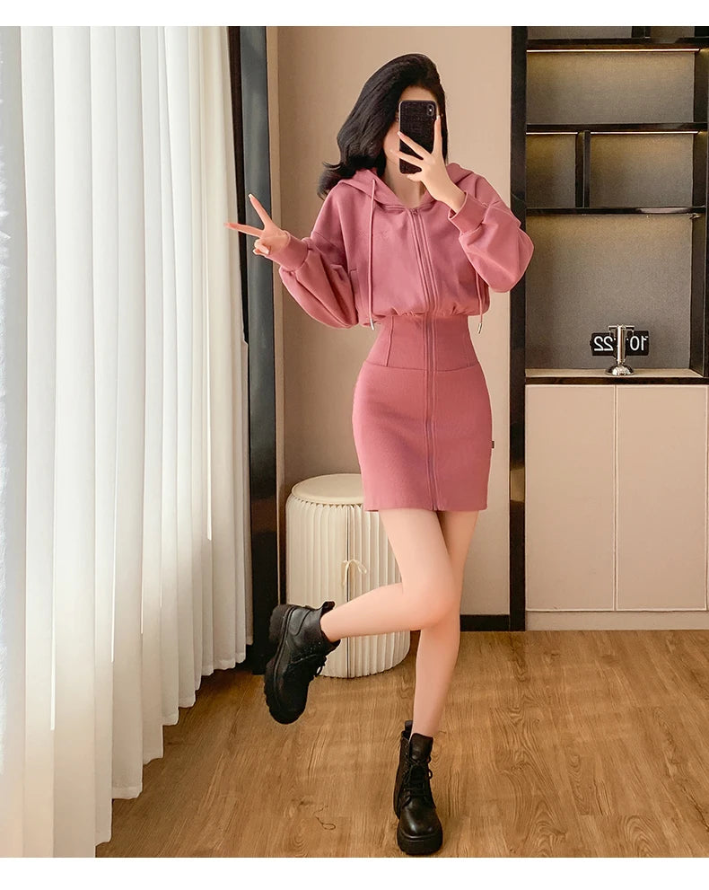 Korean Fashion Hoodie Dress Women Autumn Winter Long Sleeve Cat Ear Mini Dress Bodycon Dress Vestidos - Seprincess