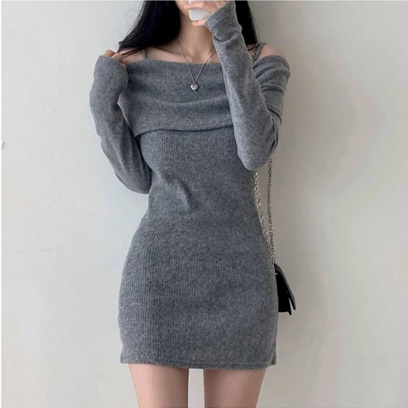 Y2K Women Knitted Mini Dress Korean Sexy Off Shoulder Female Dress Spring New Spaghetti Strap Long Sleeve Ladies Vestidos - Seprincess