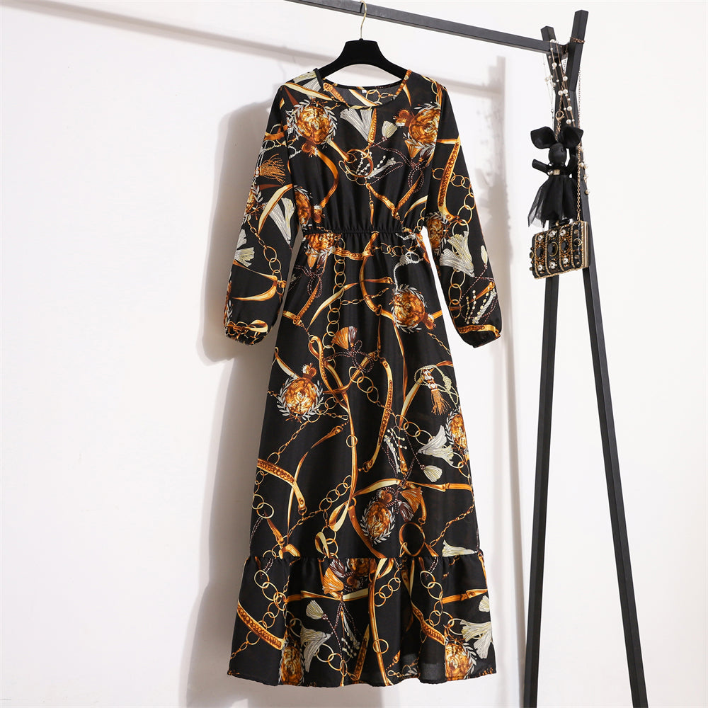 Autumn Spring Chiffon Dresses Fashion Female Full Sleeve Vintage Printed Floral Casual Long Dress Women Maxi Dresses Vestidoes