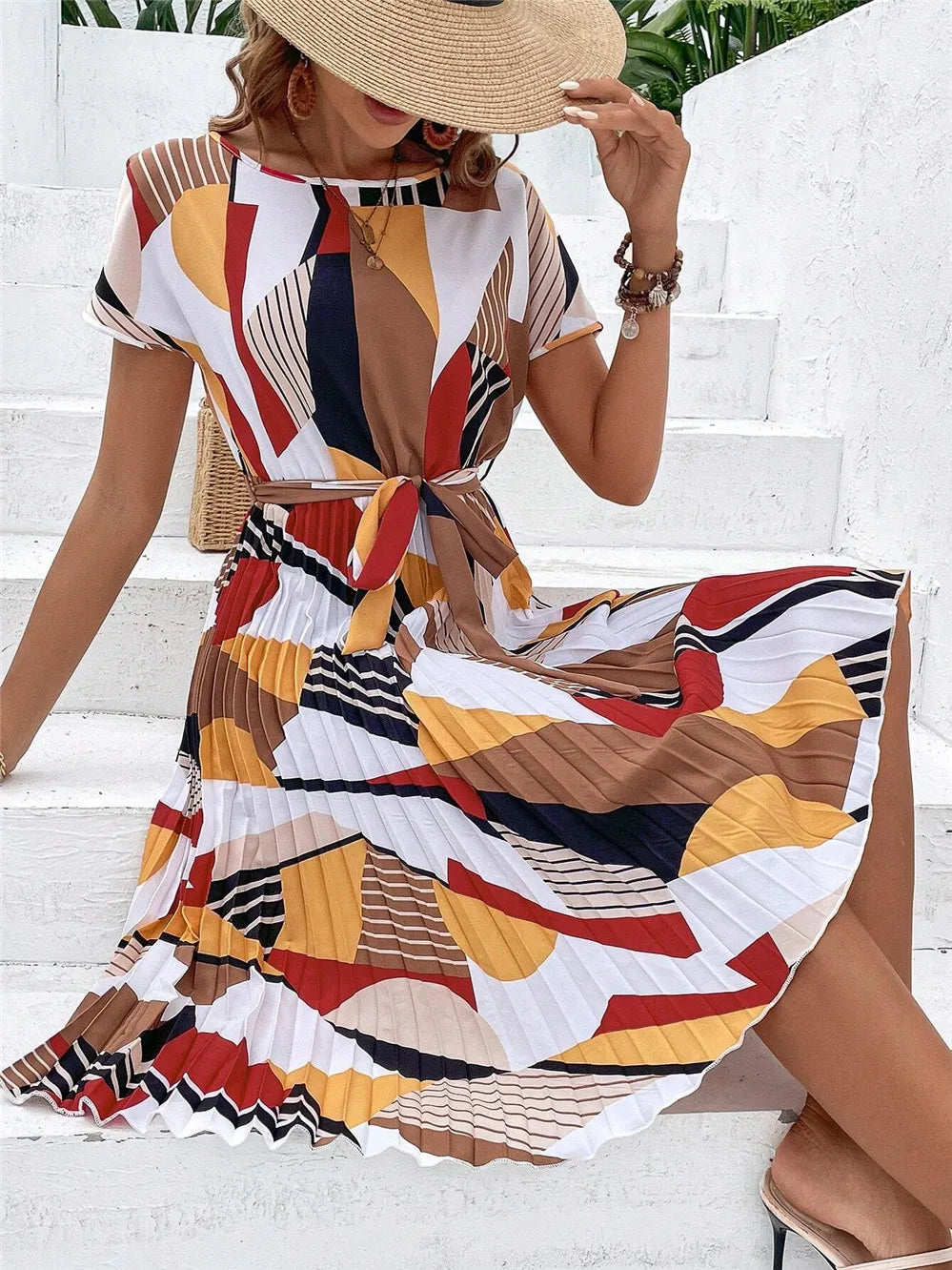 Elegant Print Lace-up Dress Summer Women Round Neck Pleated Medium Long Dress - Seprincess