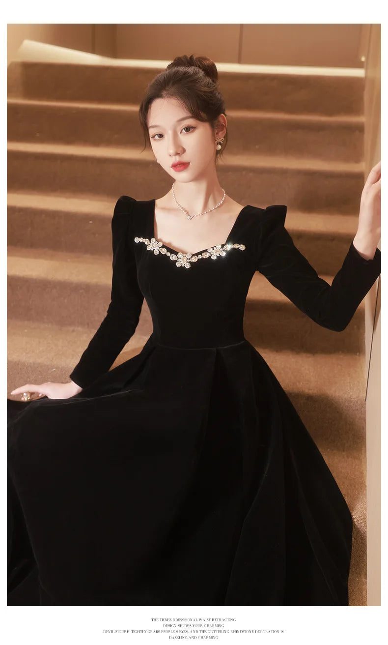 Autumn Winter Black Evening Dress Women Elegant  Luxury Velvet Long Sleeve A-line Party Dresses French Beadding Prom Gown - Seprincess