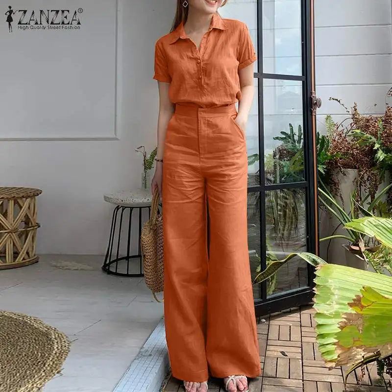 ZANZEA Summer Women Matching Sets OL Work Outfits Causal Short Sleeve Shirt Loose Wide Leg Pants Fashion Suit Urban Tracksuits - Seprincess