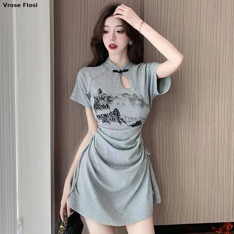 New 2024 Retro Daily Leisure Qipao Dress Chinese Style Printing Improved Cheongsam Fashionable Wrinkled Waist Design Thin Dress - Seprincess