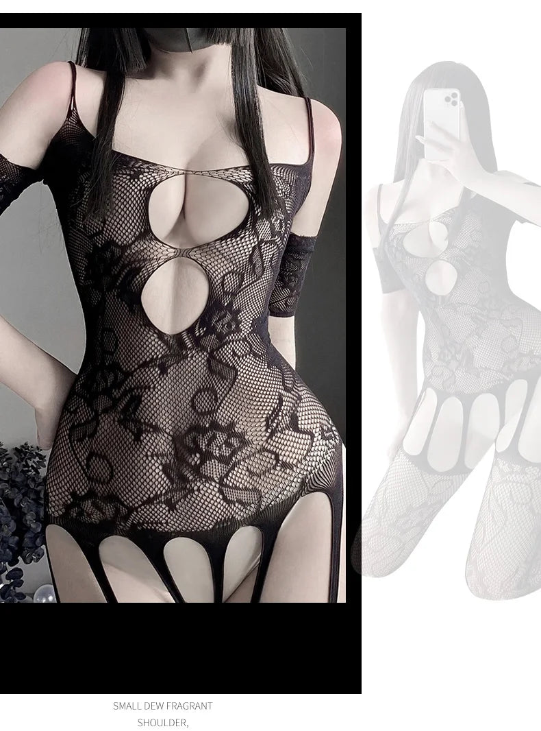 Sex Bodysuit Hollow mesh suit with deep V-shaped suspender pattern jumpsuit sexy woman lingerie Babydoll body femme lingerie xxx - Seprincess