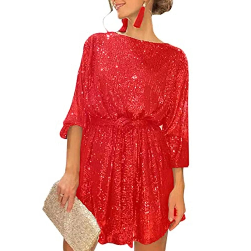 Womens Puff Long Sleeve Glitter Sequin Dress with Belt Evening Wedding Bridesmaid Sparkly Loose Fit Mini Short Dresses - Seprincess