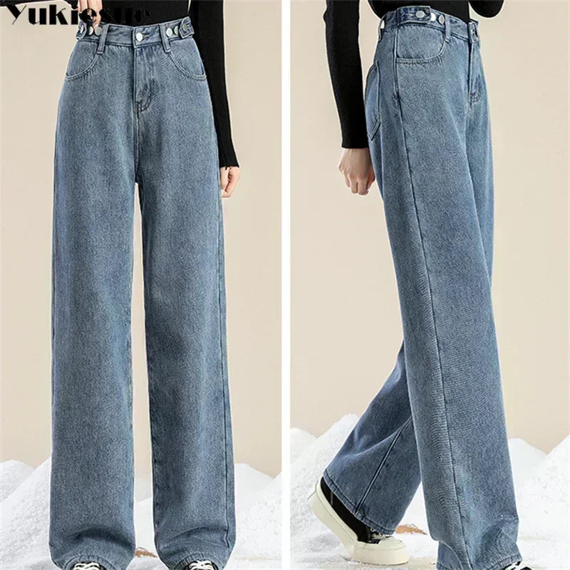 Women Pants 2023 Winter Fashion Korean Edition New Style Versatile High Waist Straight Cylinder Thick Fleece Wide Leg Jeans