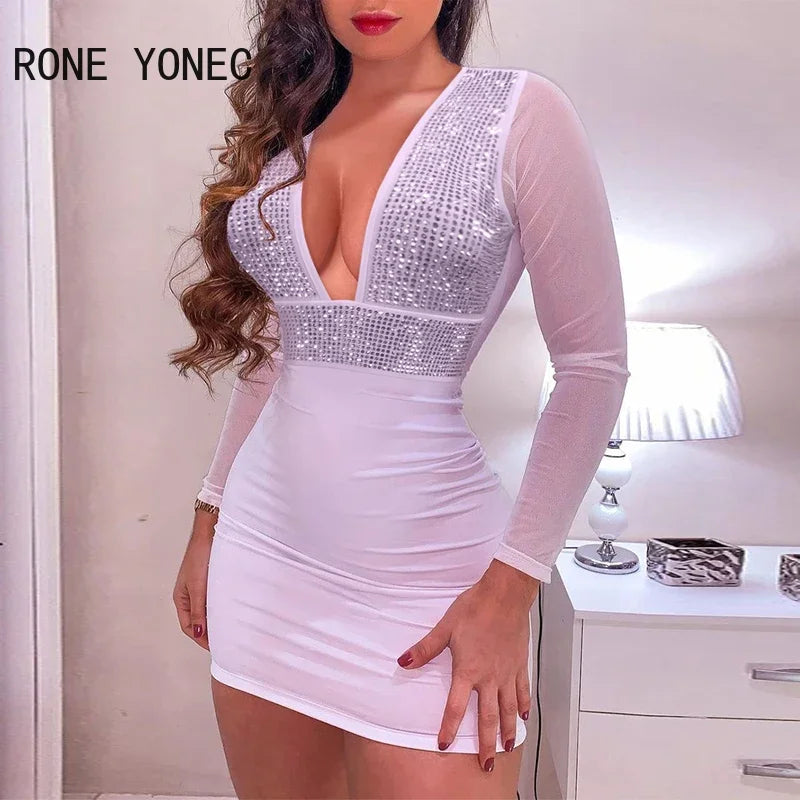 Women Solid Sexy Deep V Neck Rhinestone Long  Sleeves Mesh Patchwork Bodycon Mini Sexy Party White Dresses - Seprincess