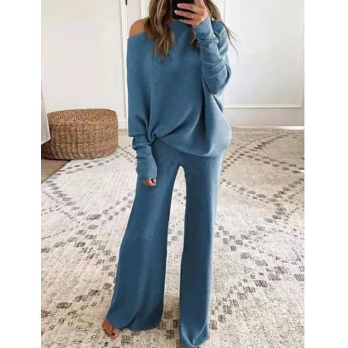 Fashion Long-sleeved Bateau Collar Top + Wide-leg Pants 2-piece Set Women Elegant Autumn Solid Color Knitted Loose Suit Female - Seprincess