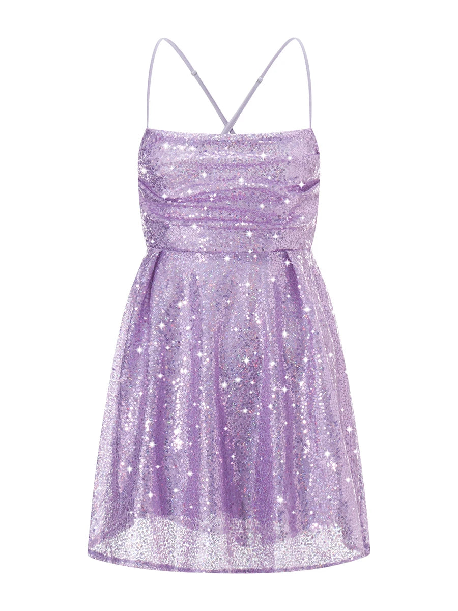 Women s Sexy Sequin Halter Mini Dress Backless Glitter Spagetti Straps Ruched Sparkly Swing A-Line Dinner Dress - Seprincess