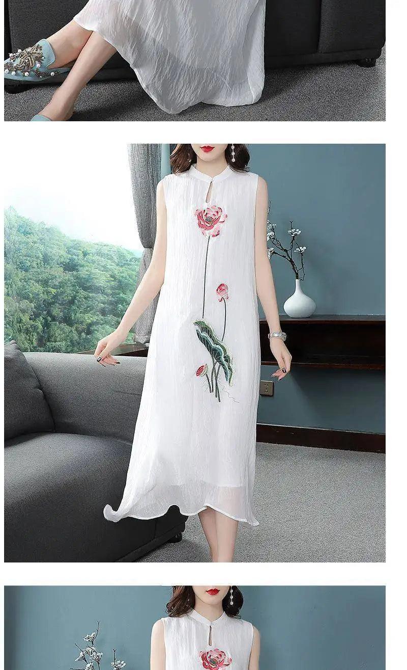 1pcs/lot chinese style woman Embroidered Cheongsam Sleeveless Vest Chiffon Dress Woman Dress print dress - Seprincess