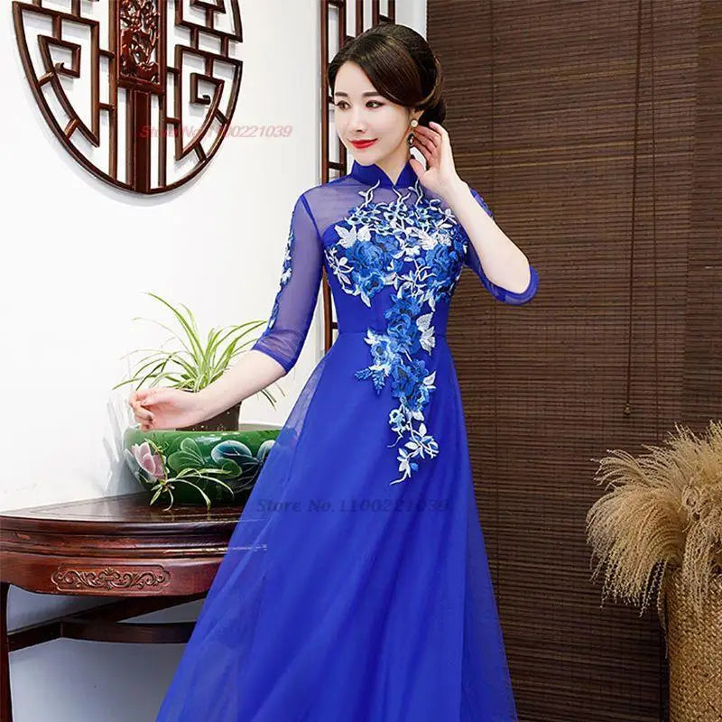 2024 women improved qipao dress elegant lace flower embroidery cheongsam vintage banquet qipao oriental evening dress vestido - Seprincess