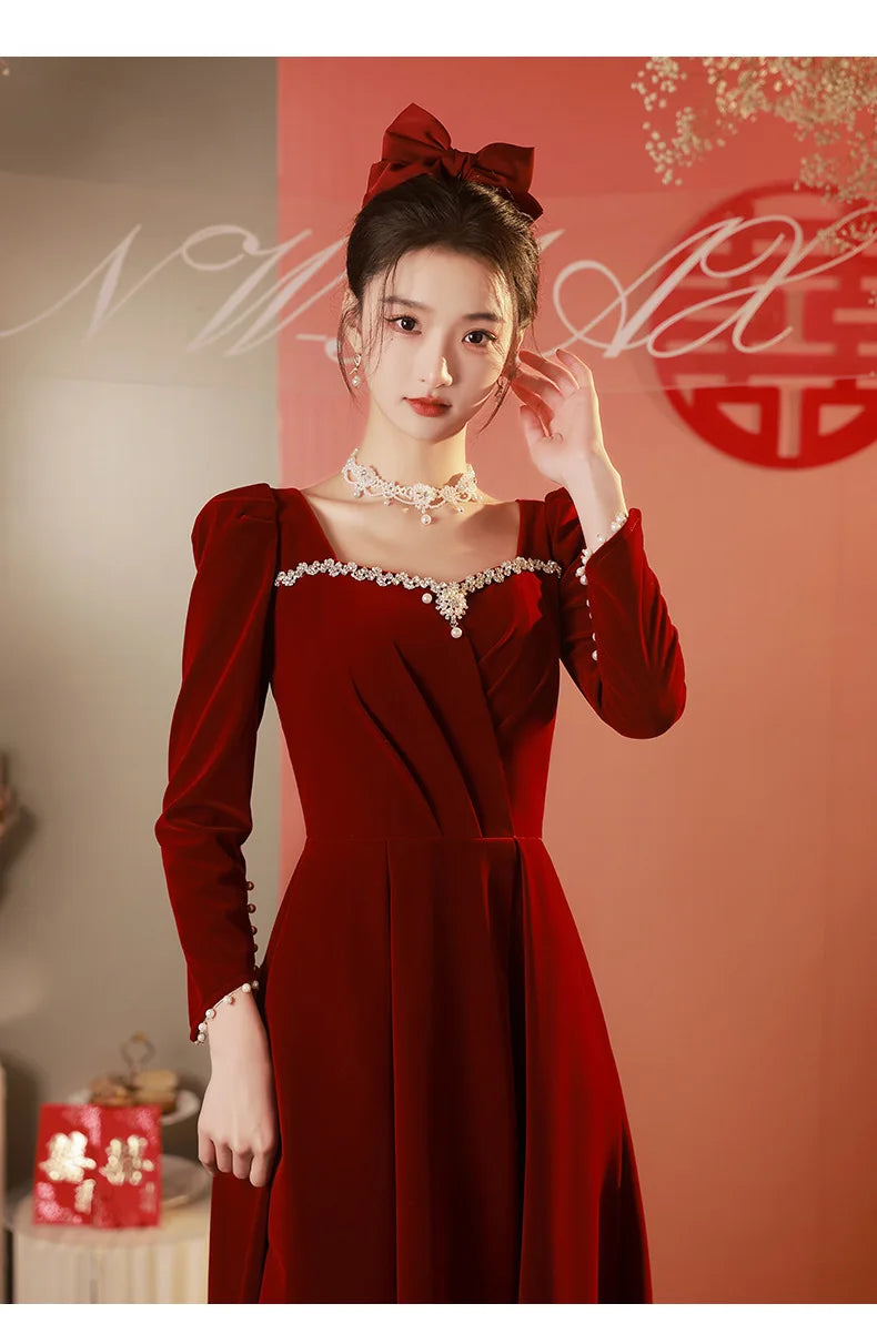 Burgundy Velvet Prom Dresses Square Collar Long Sleeve Pearl Crystal Long Engagement Dress Plus Size Female Formale Gowns - Seprincess