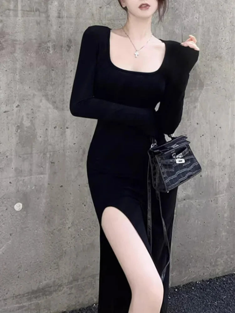 Sexy Side Slit Dress for Women Tight-fitting Wrap Hip Over-the-knee Long Sleeved Dresses Black Street Bodycon Spring Autumn - Seprincess