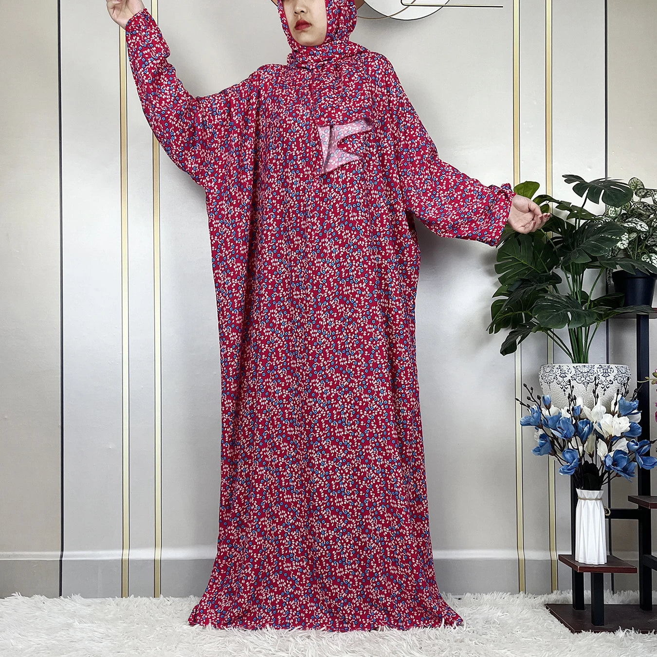 2024Latest Muslim Abayas For Women Ramadan Prayer Maxi Dubai Turkey Femme Cotton Robe Floral Loose African Dress Turban Attached