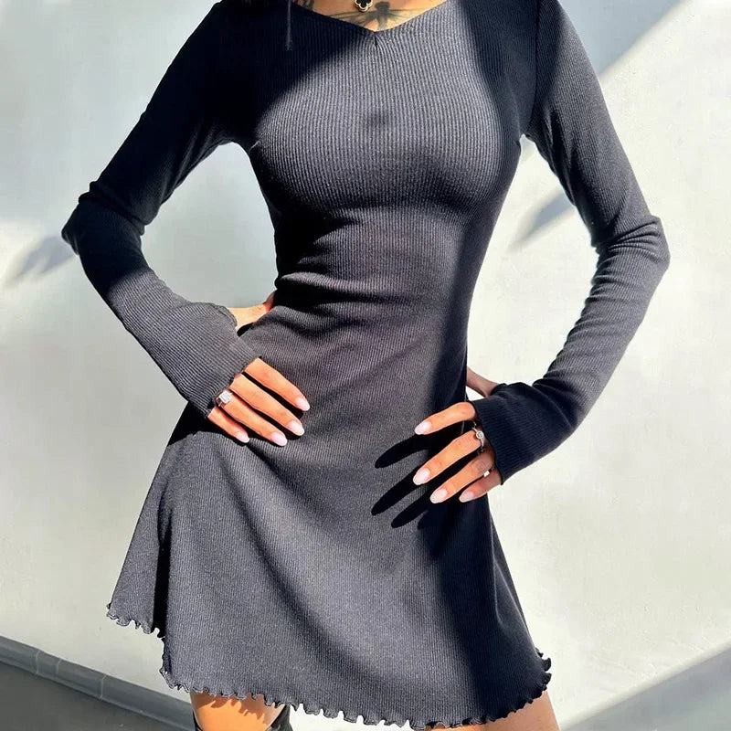 2024 Autumn Sexy Tunics High Waist Bandage A-line Short Dresses for Women Streetwear Fashion Long Sleeve Lace-up Black Dress - Seprincess