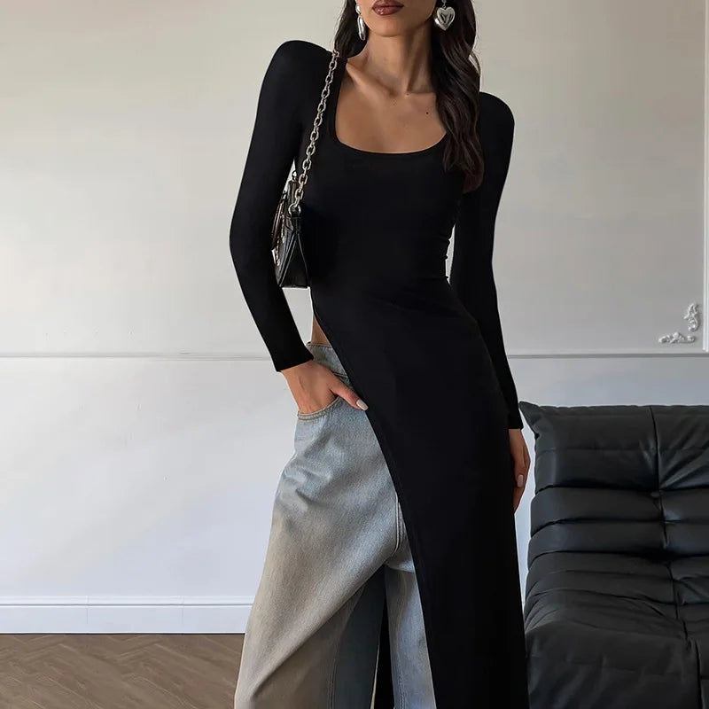 Woman Clothing Long Sleeve High Slit Black T-shirt Dress Y2K Streetwear 2024 Fall Ladies High Waist Slim Irregular Long Dresses - Seprincess