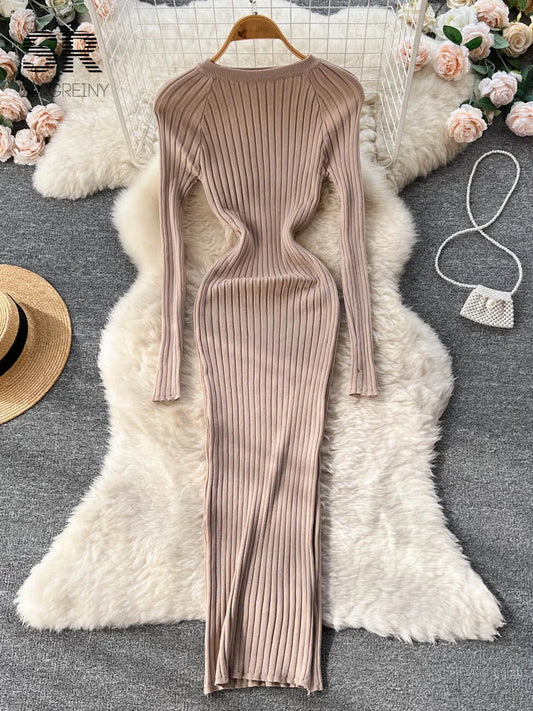 SINGREINY Winter Women Knit Maxi Dress O Neck Autumn Long Sleeve Slim Solid Harajuku Ladies Fashion Pencil Sweater Long Dresses - Seprincess