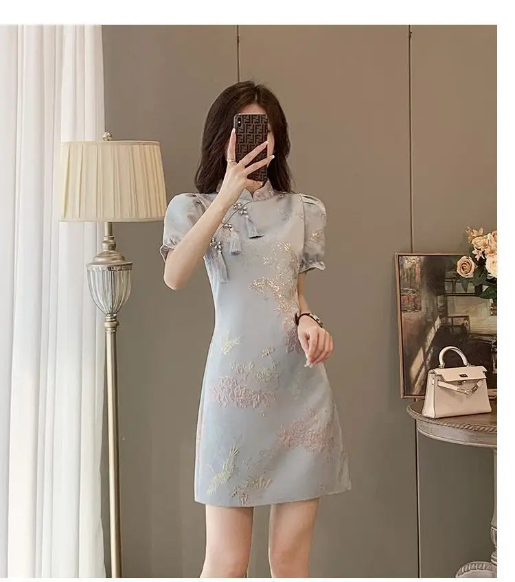 Chinese Style Elegant Cheongsams Dress Summer Women Vintage Floral Embroidery Qipao Mini Dress Lady Chic Tassels Slim Vestidos - Seprincess