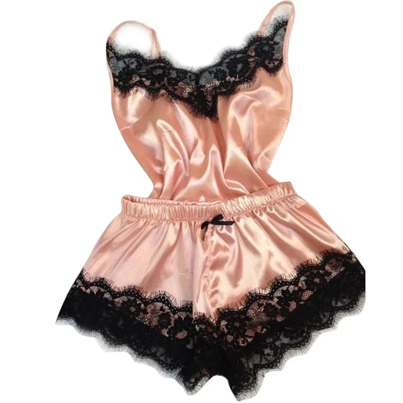 New Women's Pajamas Silk Sexy Pajama Set Black Lace V-Neck Pajama Suspender Top and Shorts Lace Pajama Set Home Underwear Dress - Seprincess