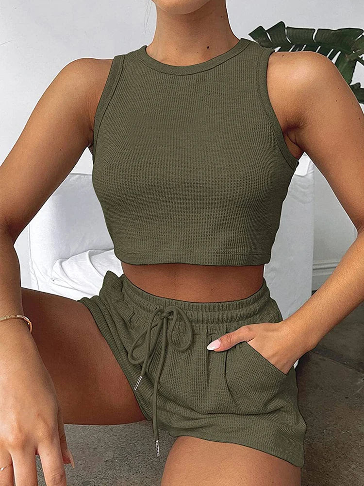 2024 Summer New Sleeveless Waffle Elegant Women's Sets Solid Color Sexy Waist Vest Casual Tethered Shorts Female's Two-Piece Set