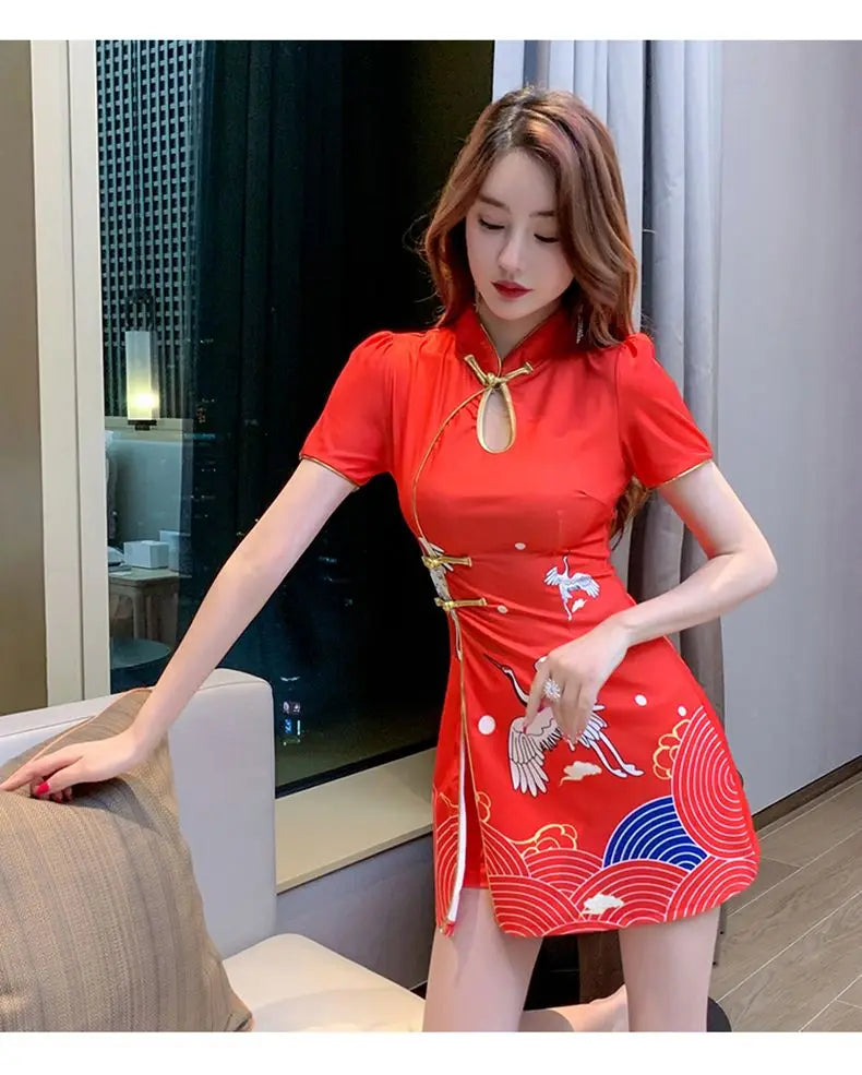 Women Chinese Style Retro Improved Temperament Printing Cheongsam Modern Dress Blue Chinese Qipao Dresses for Women - Seprincess