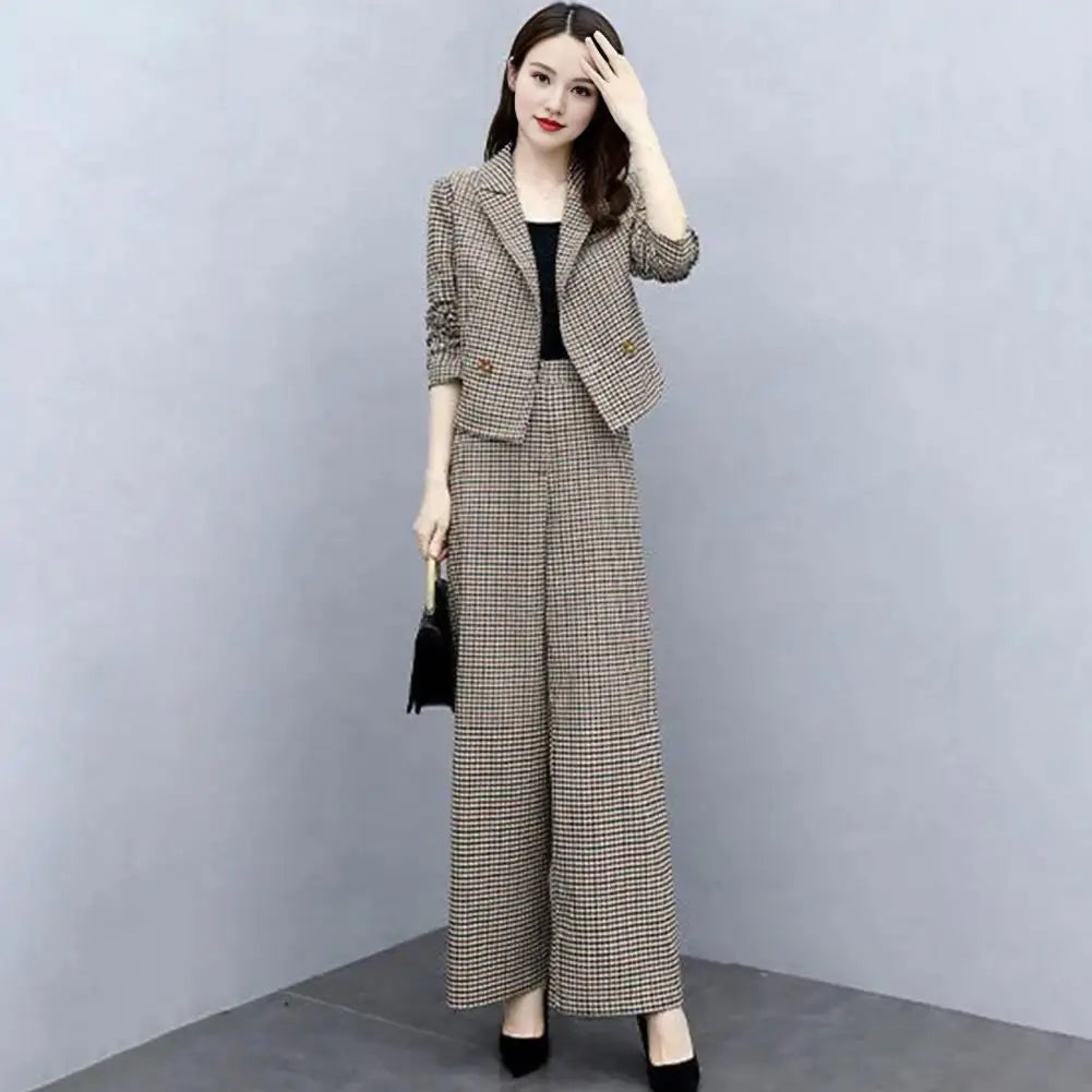 Female Formal Plaid Blazer 2 Pieces Sets Korean Office Long Sleeve Short Suit Tops High Waist Wide Leg Pants Lady OL Outfit - Seprincess