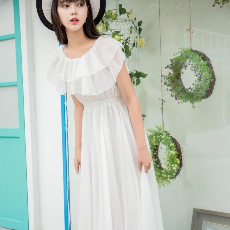 Women's Summer Beach Style Chiffon White Long Dress Lady Graceful Fairy Layers Ruffles Off-Shoulder Dresses Evening Party Gown - Seprincess