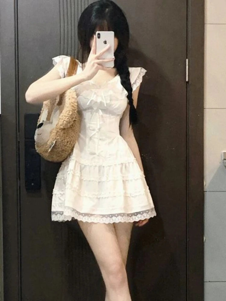 QWEEK Y2k Coquette White Lolita Sweet White Kwaii Cute Mini Dress Women Lace Bow Princess Slip Lace Short Dresses 2024 Fashion - Seprincess