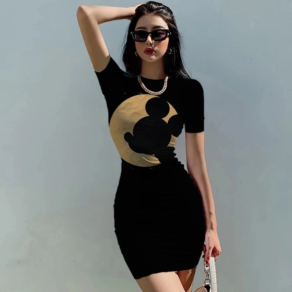 Women's Mickey Mouse print patchwork fashionable knee length O-neck dress, tight fitting summer sexy women's clothing - Seprincess