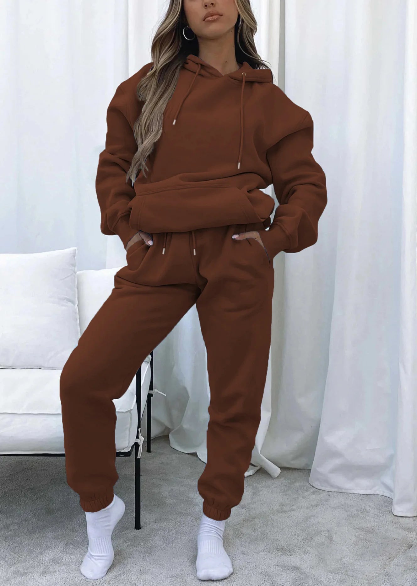 Women Two Piece Sets Tracksuit outfit Hooded Sweatshirts Pocket Drawstring Long Pants Suit Thick Casual Office Lady Autumn