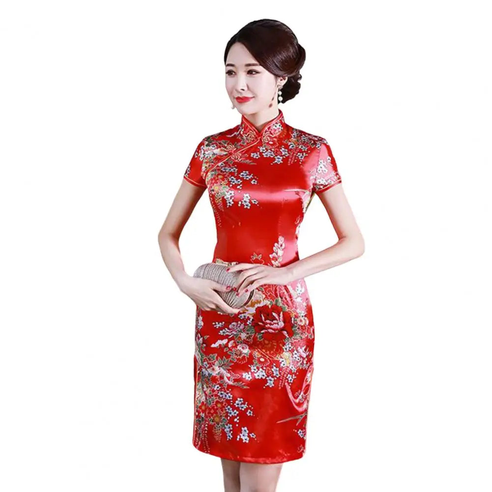 Women Cheongsam Mandarin Collar Short Sleeve Disc Buckles Side Split Lady Cheongsam Flower Print Chinese Style Qipao - Seprincess