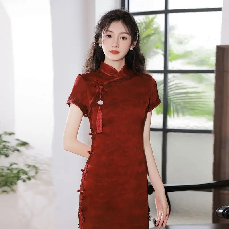 Wine Red Qipao Cheongsam 2023 Chinese Dress Women Classic Mandarin Collar Bridal  Evening Party Gown Young Girls Long Dress - Seprincess