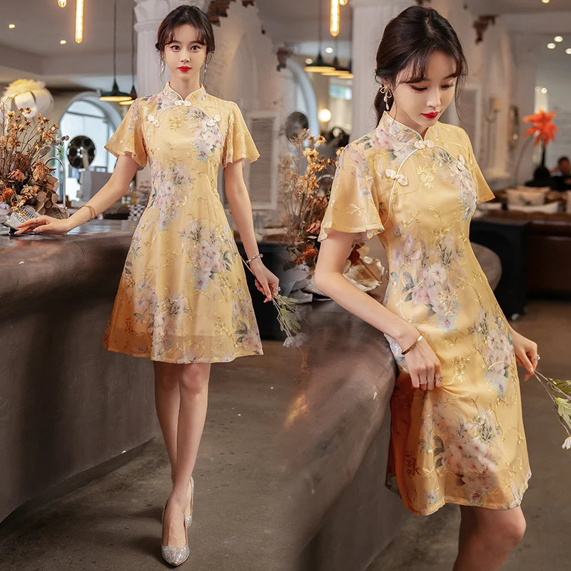 Summer Improved Young Style National Style Embroidered Floral Short Sleeve Women's Qipao Dress Chinese Traditional Cheongsam - Seprincess