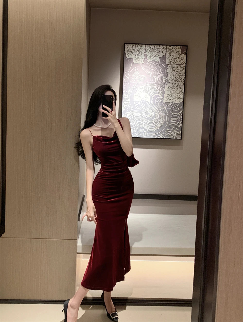 Vintage Sexy Club Prom Red Dresses for Women Spaghetti Strap Slit Velvet Dress Beach Bandage Bodycon Midi Dress Party Elegant - Seprincess