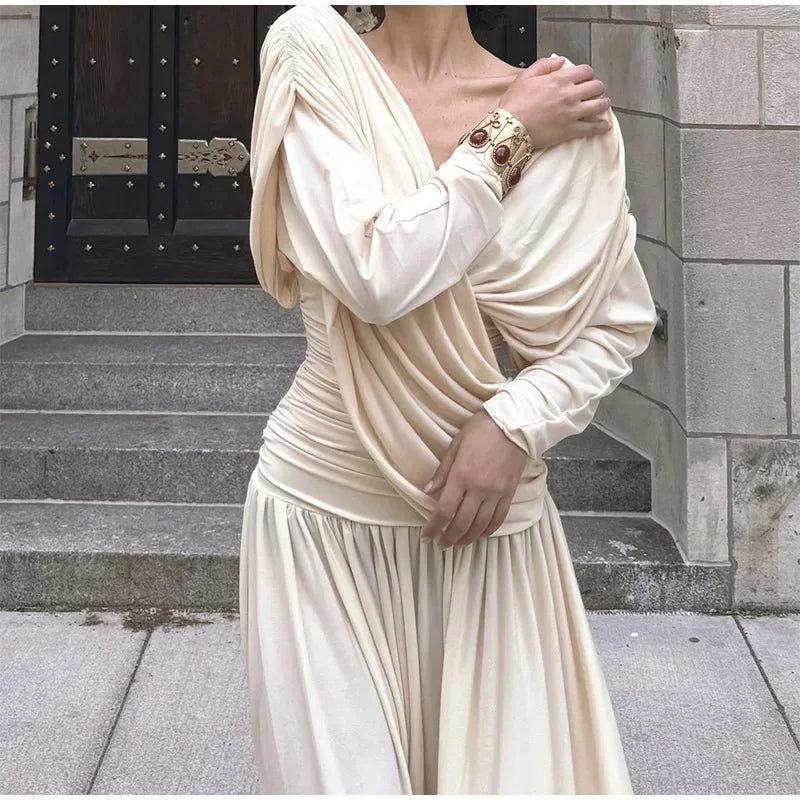 White Cross Pleatedwrap Waist Maxi Dress Women V Neck Backless Long Sleeves Vestidos Fashion Elegant Party High Street Robes - Seprincess